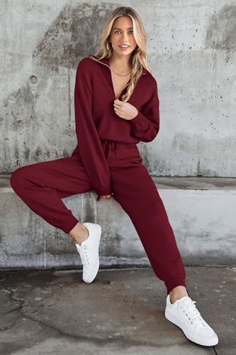 PRETTYGARDEN Women's 2 Piece Sweatsuit Set Fall Outfits Medium Wine Red
