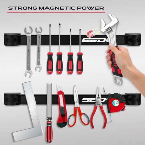 SEDY 7-Piece 12" Magnetic Tool Holder Storage Organizer, Garage Wall Mount Rack Organization Strip Power Magnet Organizers Mounted Workbench Board Slatwall Van Hanger