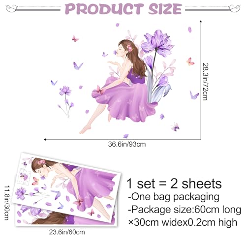 Butterfly Girl Wall Decals - Purple Flower Stickers, Fairy Decor for Girls Women Bedroom, Living Room, Sofa, TV Background