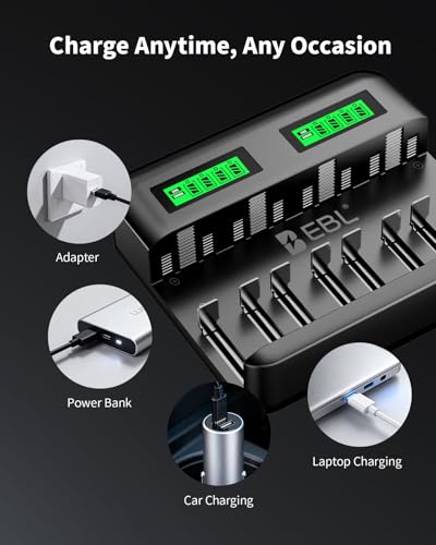EBL 8 Bay LCD Rechargeable Battery Charger for AA AAA C D Ni-MH Batteries, Type-C Input