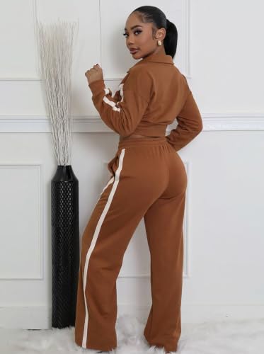Ophestin Women's Brown Medium 2-Piece Tracksuit Set with Striped Jacket & Long Pants