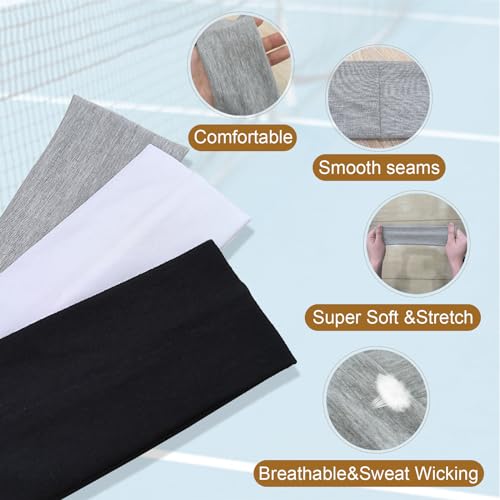 3-Pack Non-Slip Elastic Sports Headbands - Soft Stretchy Fabric - Black/Gray/White
