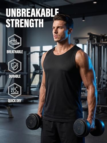 Men's Workout Mesh Tank Tops - Sleeveless Gym Shirts, 4 Pack - Black/Charcoal Gray/Gray White/Blue, Large