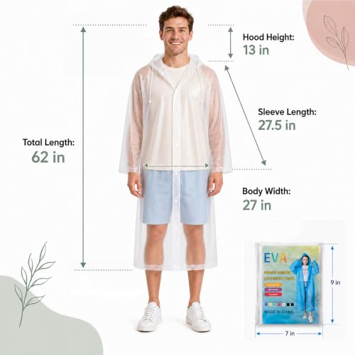 Reusable Waterproof Rain Ponchos for Adults - Translucent White (2 Pack)