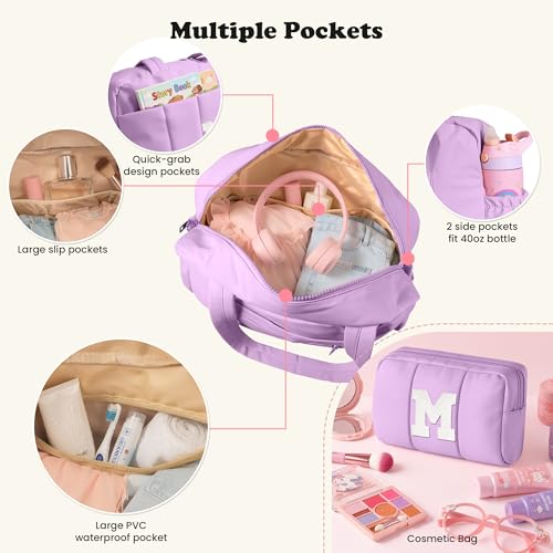 Vogewood Purple Girl Initial Gym Duffle Bag with Cosmetic Pouch - Carry-On Travel Bag for Kids