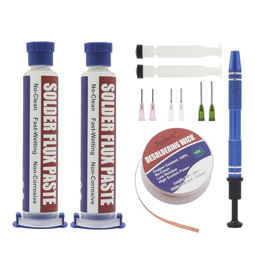 No-Clean Flux Paste, Solder Wick & Electronic Small Parts Pickup Kit, Soldering Flux 10cc/Bottle (2PACK), 10Ft Desoldering Wick, IC Pickup Tool (1 stick)