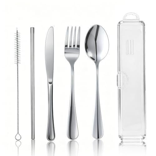 6-Piece Reusable Stainless Steel Travel Camping Utensil Set with Case - Silver