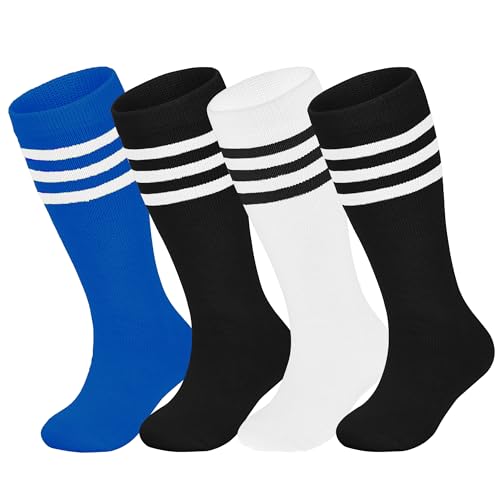LPMOERA 4 Pairs Toddler Knee High Soccer Socks for Boys Girls, 4-7 Years, Black/Black/White/Blue