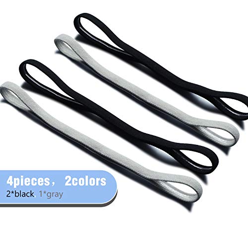 Non-Slip Elastic Sport Headbands with Silicone Grip - 4 Pack, Black & Gray