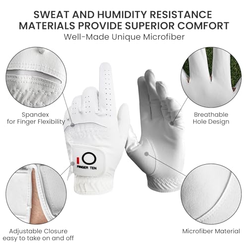 All Weather Grip Golf Gloves - Men’s 3 Pack, Left Hand, Large - White