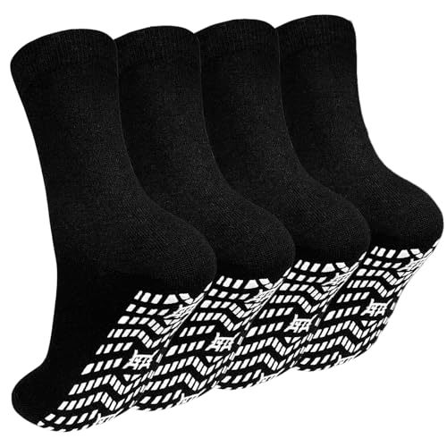 CaiDieNu Non-Slip Grip Socks for Men Black 11-13 Cushioned Cotton Crew Socks