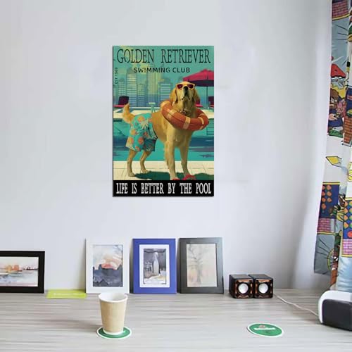Golden Retriever Swimming Club Life Is Better By The Pool Metal Sign Retro Poster Home Garden Coffee Wall Decor Wine Bar Decor 8x12 Inch