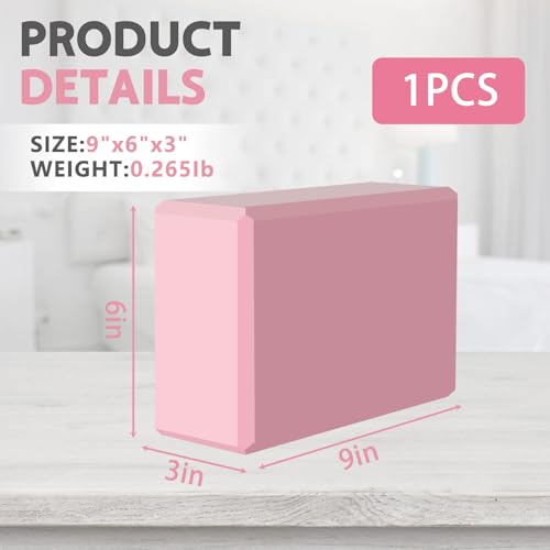 Yoga Blocks - 9"x6"x3" Pink Premium Foam, Non-Slip, Lightweight