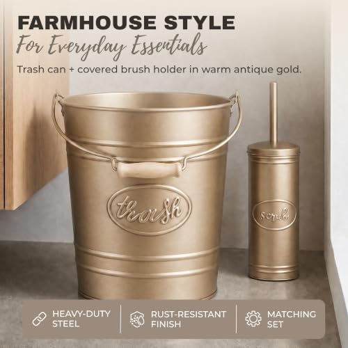 Autumn Alley Rustic Farmhouse Bathroom Trash Can & Toilet Brush Set - Antique Gold, 2 Gal.