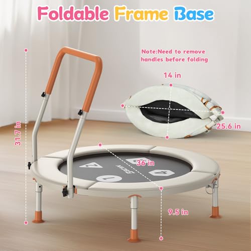 Toddler Trampoline 36" - Foldable Indoor Mini with Adjustable Handle - Beige