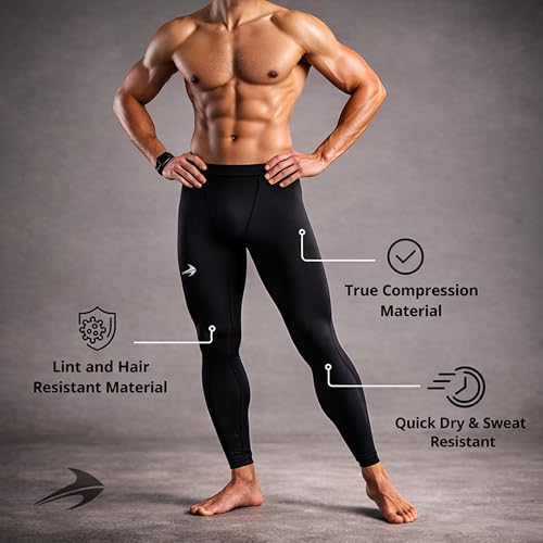 CompressionZ Men's Black Workout Compression Pants Large for Running & Sports