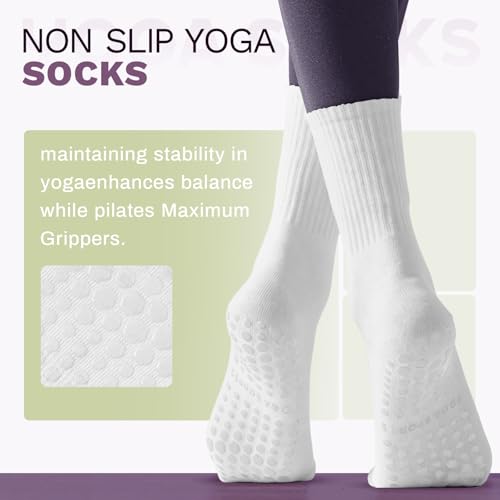 Non-Slip Pilates Socks with Grips for Women - 3 Pairs, White