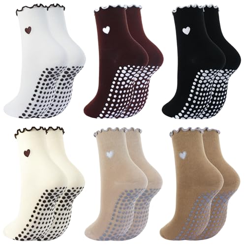 6 Pairs Women's Non-Slip Frilly Pilates Socks - White, Beige, Black & Brown