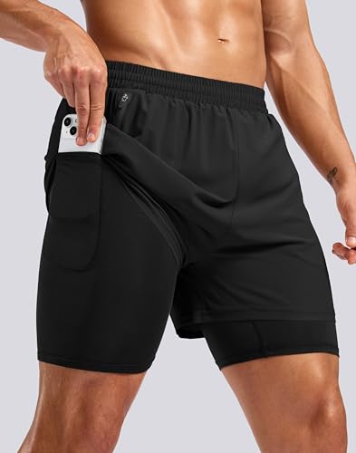Pudolla Men’s 7" Running Shorts with Zip Pockets, 2-in-1 Quick-Dry Liner