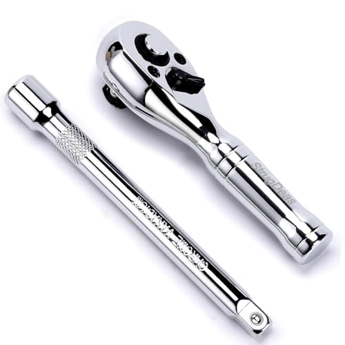 3/8-Inch Drive Ratchet Wrench, 72-Tooth Stubby Quick-Release Socket Wrench with a Extension Bar(5 inch), Reversible Switch, Chrome Alloy Made, Full-Polished Chrome Plating