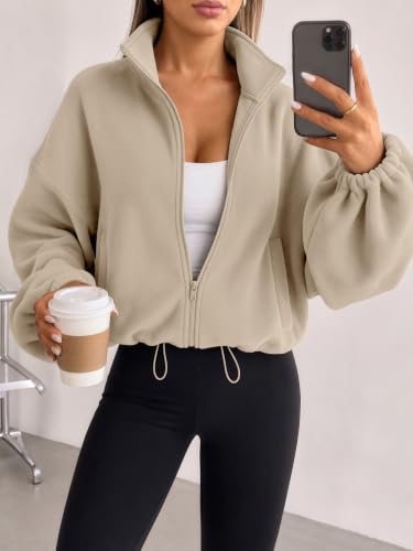 AUTOMET Women's Fleece Jacket Zip Up Oversized Cropped Sweatshirt - Medium Khaki