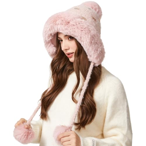 KAICAILA Women Winter Sherpa Beanie Hat with Pink 3 Pomoms – Fleece Lined Ear Flap Knit Cap