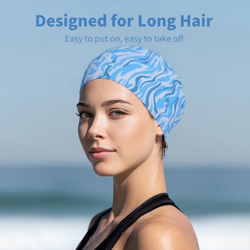 Silicone Swim Cap for Women - Stylish Marble Print, 2 Pack - Blue & Green