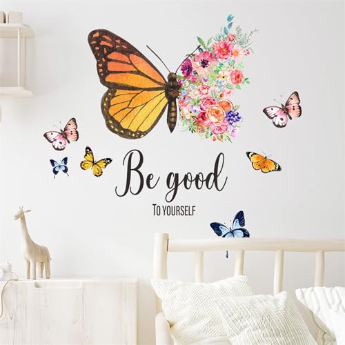 Gorgeous Butterfly and Colorful Flowers Wall Stickers, sacinora Yellow Pink Blue Butterflies Inspirational Quotes Wall Decals Removable Vinyl Peel and Stick for Living Room Bedroom Nursery Art Decor