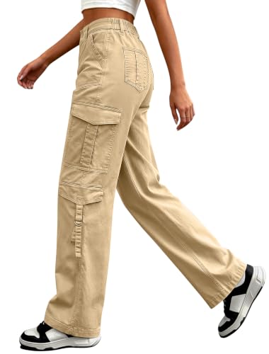 Eddoyee Women’s Cargo Pants - Elastic High Waist Wide Leg Khaki Size Small