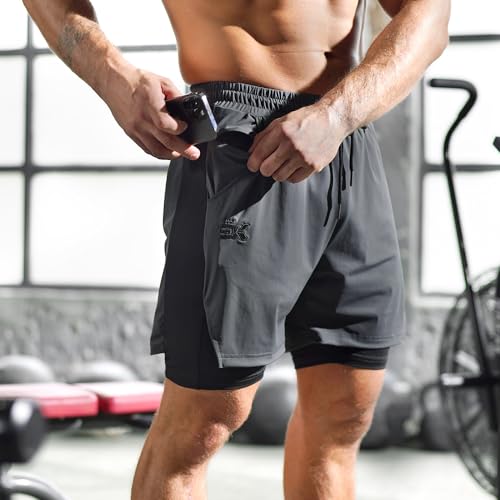 BROKIG Men's 2-in-1 Quick Dry Gym Running Shorts with Liner - Medium, Black & Dark Grey
