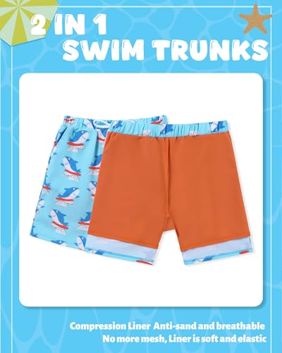 Boys Swim Trunks with Compression Liner - Shark, 11-12 Years