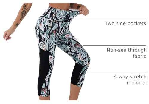 AGSWQ Women's High Waist Capri Leggings with Pockets - Floral & Black, Medium