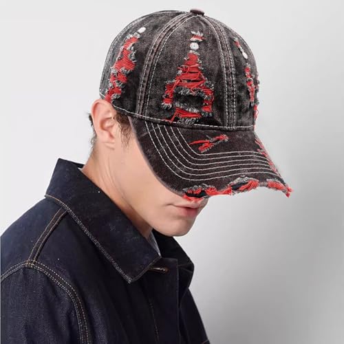 YeeHeen Red Distressed Washed Denim Baseball Cap - One Size Strapback