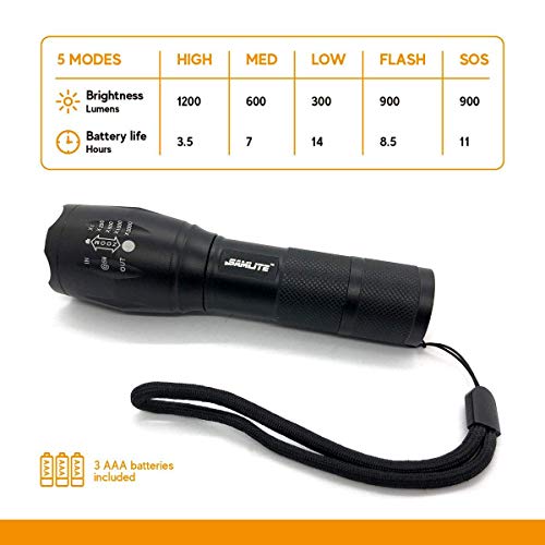 High-Powered LED Flashlight - 1200 Lumens, Zoomable, Waterproof, 5 Modes