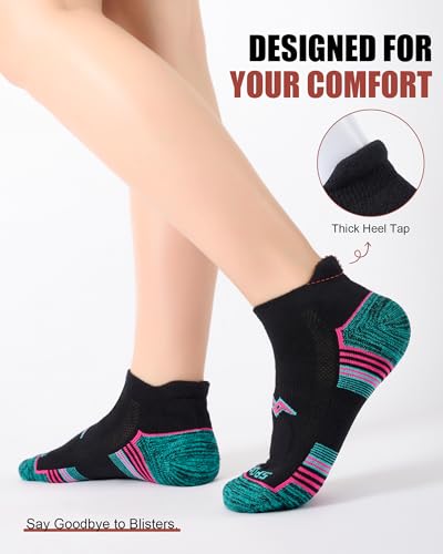 Women's Athletic Ankle Socks - 6 Pairs, Cushioned Sole & Heel Tab