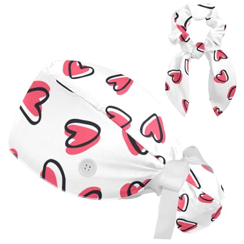 Adjustable Pink Hearts Scrub Cap with Buttons & Bow Scrunchy - Multicoloured 13