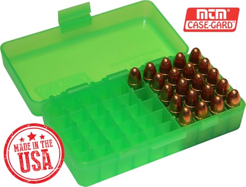 50-Round Pistol Ammo Box - Fits 9mm, 380 ACP, 9mm Makarov - Clear Green