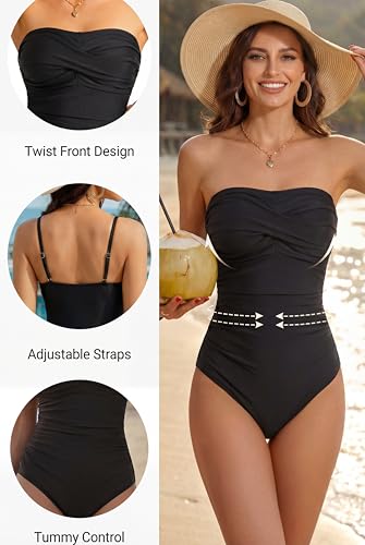 Smismivo Tummy Control Swimwear One-Piece - Black, Large, Strapless Ruched Bandeau