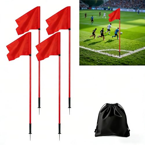 5 FT Soccer Corner Flags Set - Adjustable Red Poles with Spring Nails