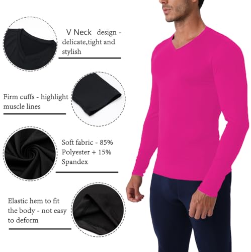 Men's V Neck Compression Shirt - Long Sleeve Workout Top - Hot Pink, Small