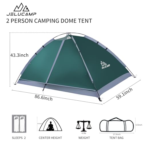 JELUCAMP 2-Person Dark Green Dome Tent Lightweight Waterproof Camping Shelter