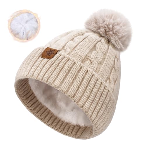 Warm Wool Cable Knit Beanie Hat for Women - Beige Pom Pom