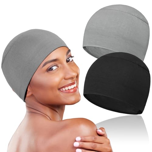 Soft Chemo Headwear for Women - 2 Pcs Lightweight Hair Cap - Black & Light Grey
