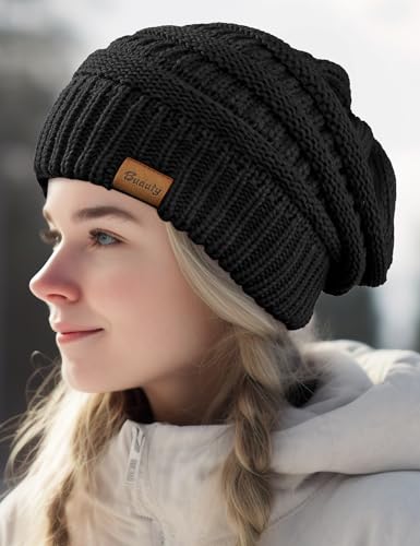 Chunky Cable Knit Slouchy Beanie for Women - Black