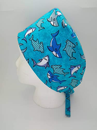 Scrub Hat with Happy Sharks Design - Handmade Cotton Cap