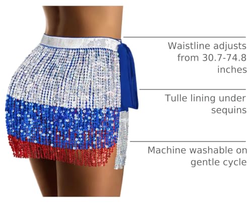 Sarfel One Size Sequin Fringe Dance Skirt - Silver/Blue/Red