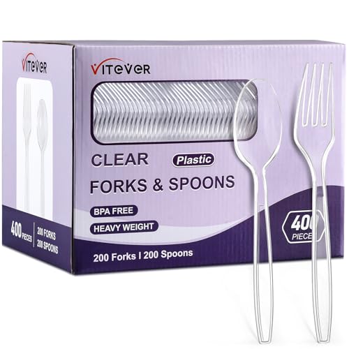 VITEVER 400 Count Heavy Duty Clear Plastic Forks and Spoons Set Bulk - Disposable Cutlery for Parties