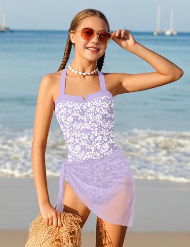 Girls One Piece Color Block Swimsuit with Crossback Straps - Purple Floral, 11-12Y