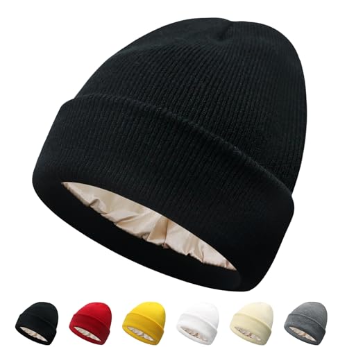 Satin Lined Beanie for Women - Warm Winter Hat, Black