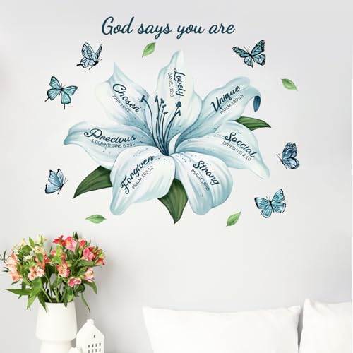 Yovkky Lily Flower Religious Inspirational Quote Wall Decals Stickers, Motivational God Says You are Teal Floral Butterfly Home Bedroom Decor, Positive Living Room Kitchen Decorations Art